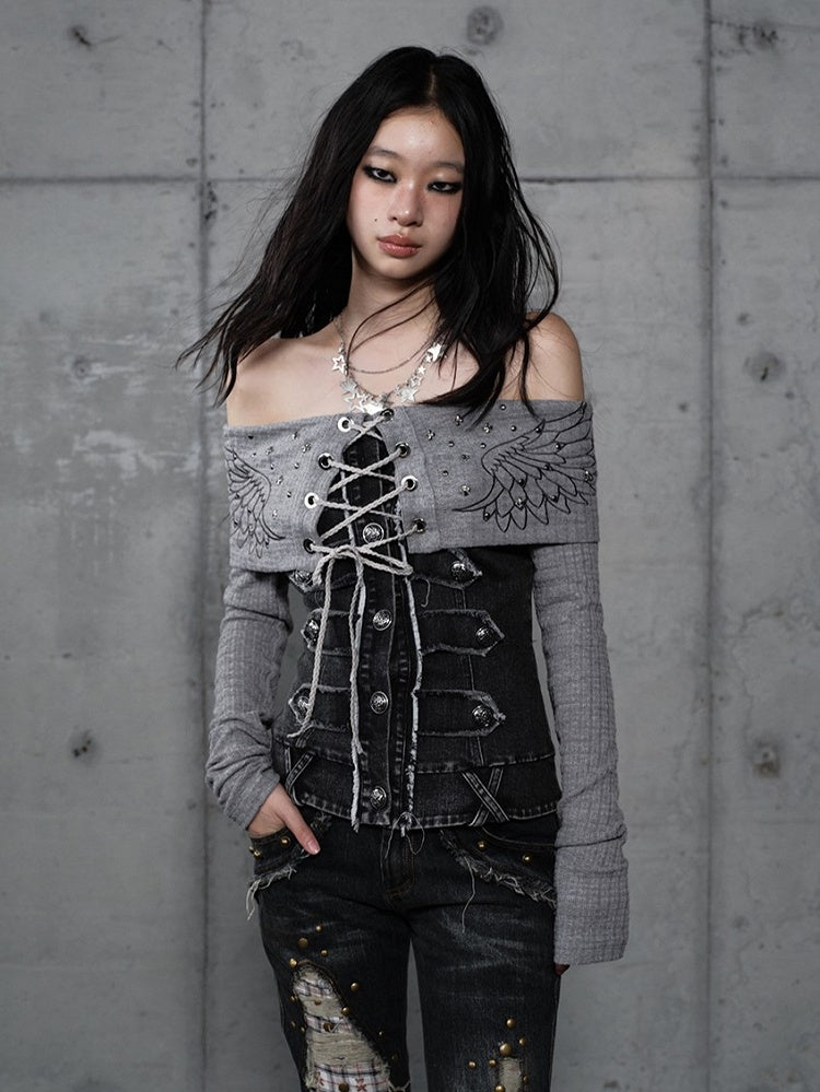 Top Strick Grau mit Einsätzen Off-Shoulder Denim Design Vintage Punk