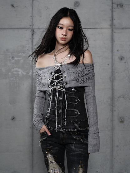 Top Strick Grau mit Einsätzen Off-Shoulder Denim Design Vintage Punk
