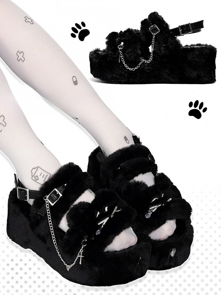 Cross Cat Crying Embroidery Platform Otaku Slippers with Chain Black Detachable Plush -