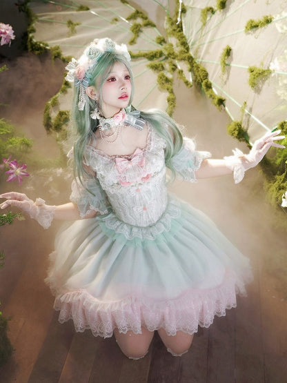 and Sweet Skirt Corset + Lace-Trimmed Bow Jacquard Green Decorated Lolita Lace Top