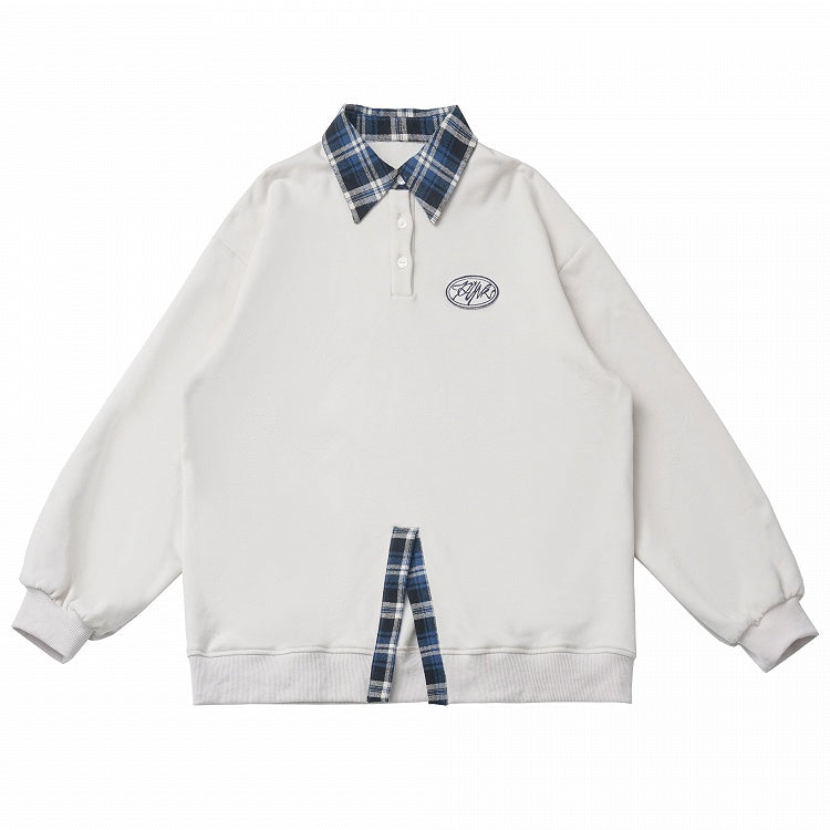 ポロカラーフェイクツーピースホワイトスウェットシャツ