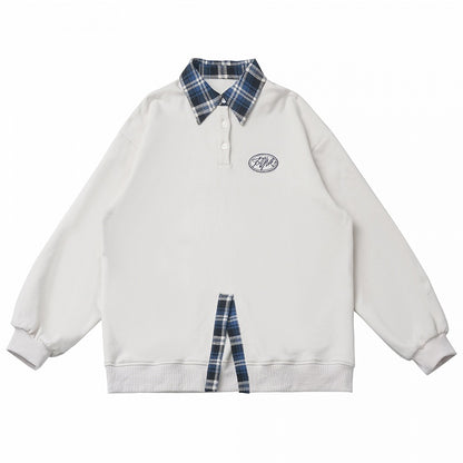 ポロカラーフェイクツーピースホワイトスウェットシャツ