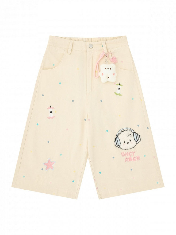 Apricot Polka Dot Cropped Wide Pants with Puppy Embroidery - Languid Park
