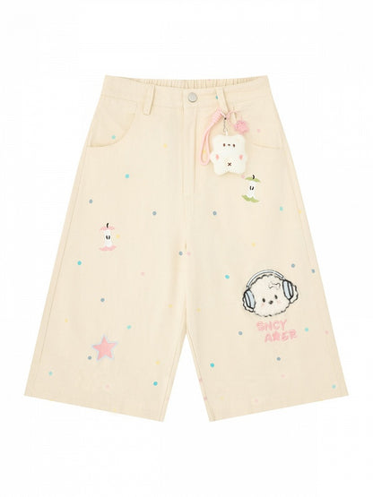 Apricot Polka Dot Cropped Wide Pants with Puppy Embroidery - Languid Park