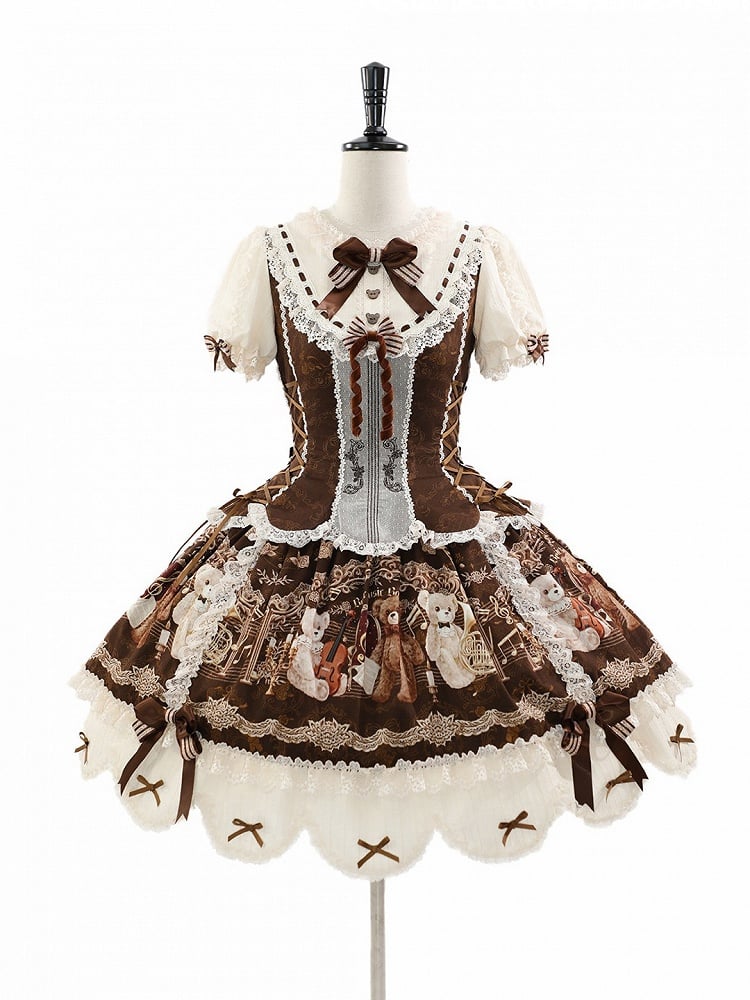 Gorgeous Doll Style Bear Symphony Theme OP with Lace Trim & Bow Accent - Twin Bear Original Design