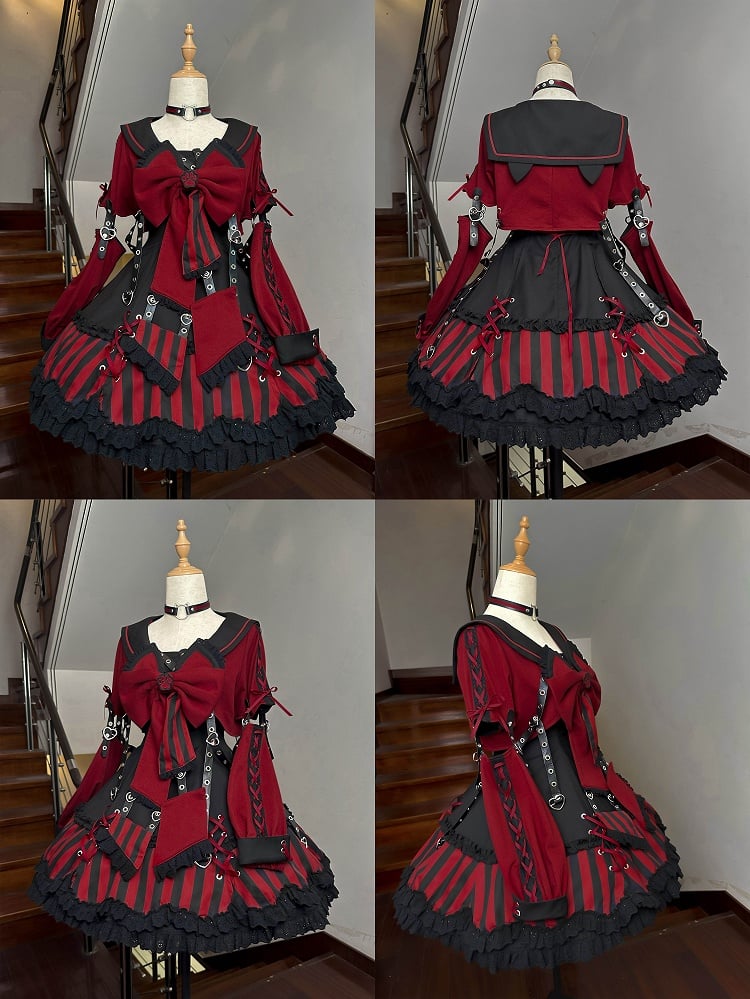 JSK Collar and Ears Red Dress Gothic Sailor Striped Pattern Big + Kitty Bow Top Lolita Black Cropped