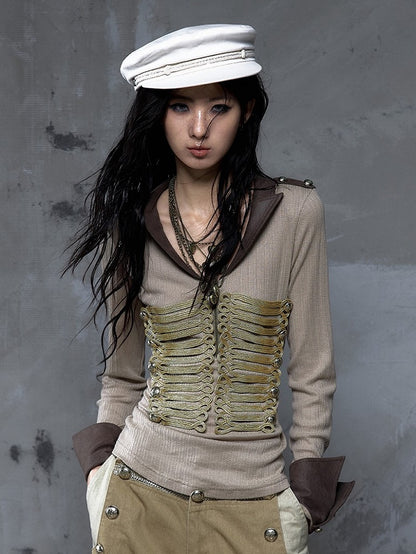 Collar Knit Gold Vintage Braid Punk Brown Military Khaki Suede with Top Notched