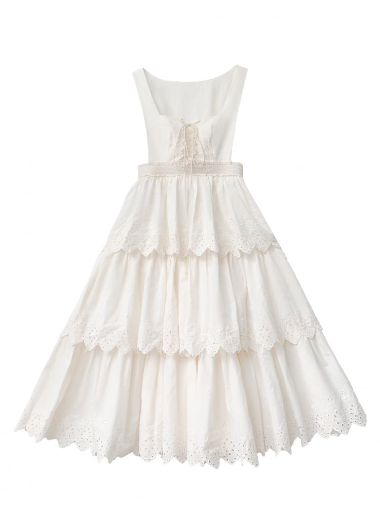 Lace-up White Cottagecore High Waist Overall Dress Tiered Skirt