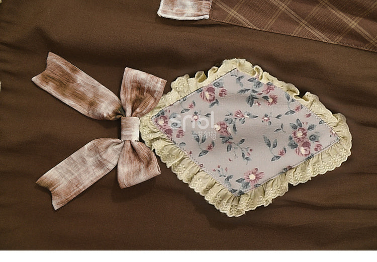 Brown Mori Kei High Waist Patchwork Skirt Lace Trim