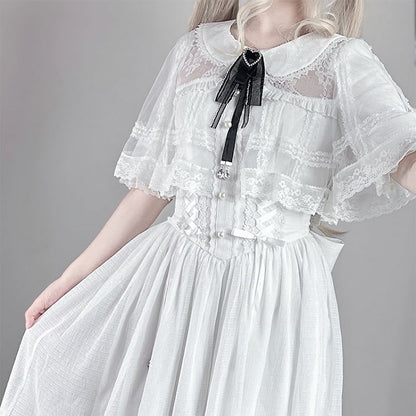 Kei Design Jirai Long and Lace-up Waist Fabric with Cape White Dress Chiffon