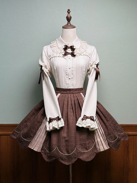Skirt Sweet Scalloped Chocolate Lolita Brown Pleating Details with Edge Trim