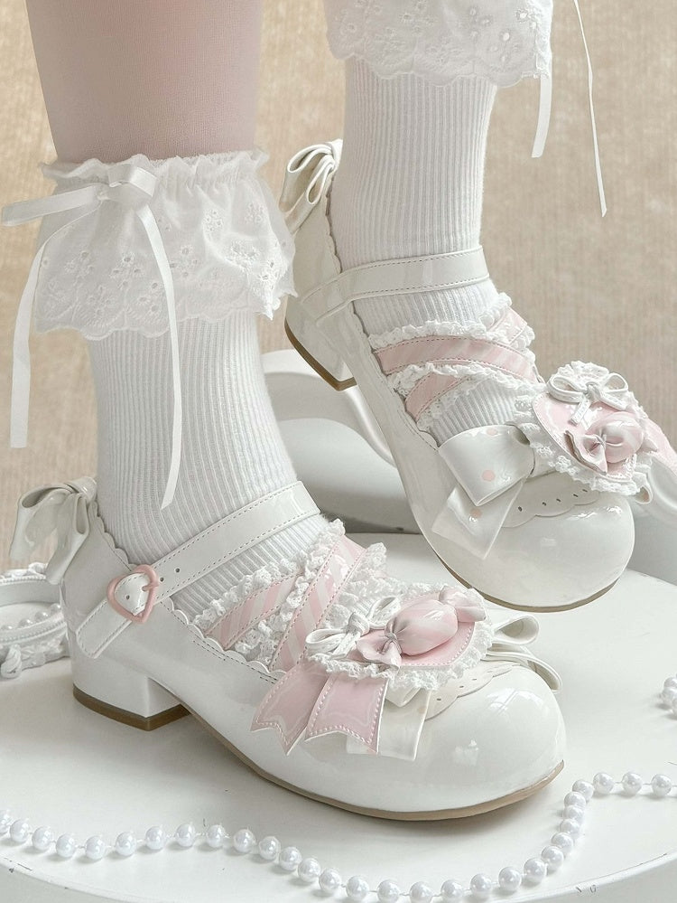 Lolita - Straps Heart Top Trim White Bow Ruffles Decor Candy Crisscross with Mary Sweet Pink Janes Shoe Clip