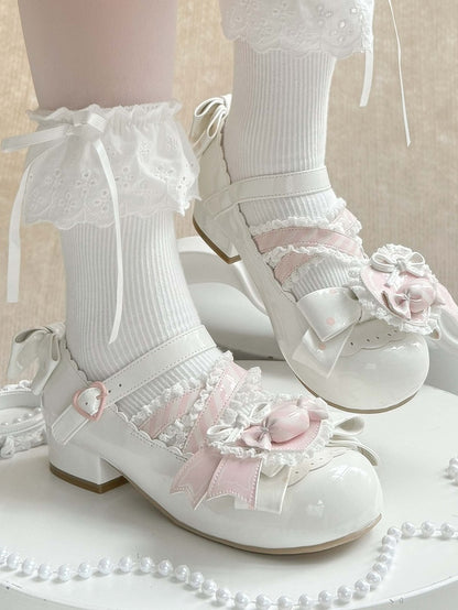 Lolita - Straps Heart Top Trim White Bow Ruffles Decor Candy Crisscross with Mary Sweet Pink Janes Shoe Clip