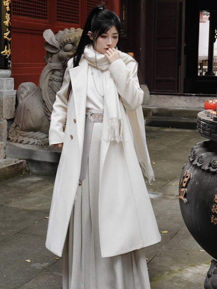 in Style Beige Chinese Coat Vent Design Unisex Front Buttoned Scarf Side Set with