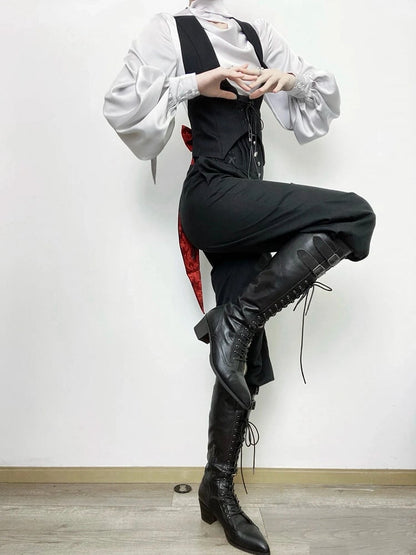 Schwarzer Ouji-Hals-Gothic-Hasen am Halfter-Lolita-Frack mit Schnalle auf der Rückseite und Schleifenschwanzweste