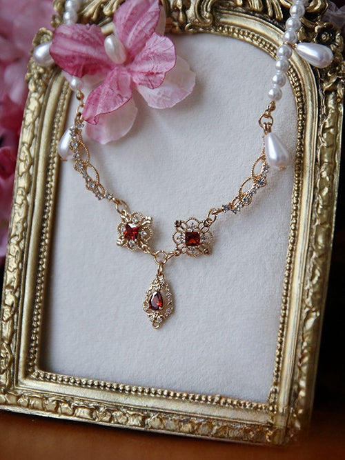 Red Rhinestone Beaded Necklace - Nine Odes