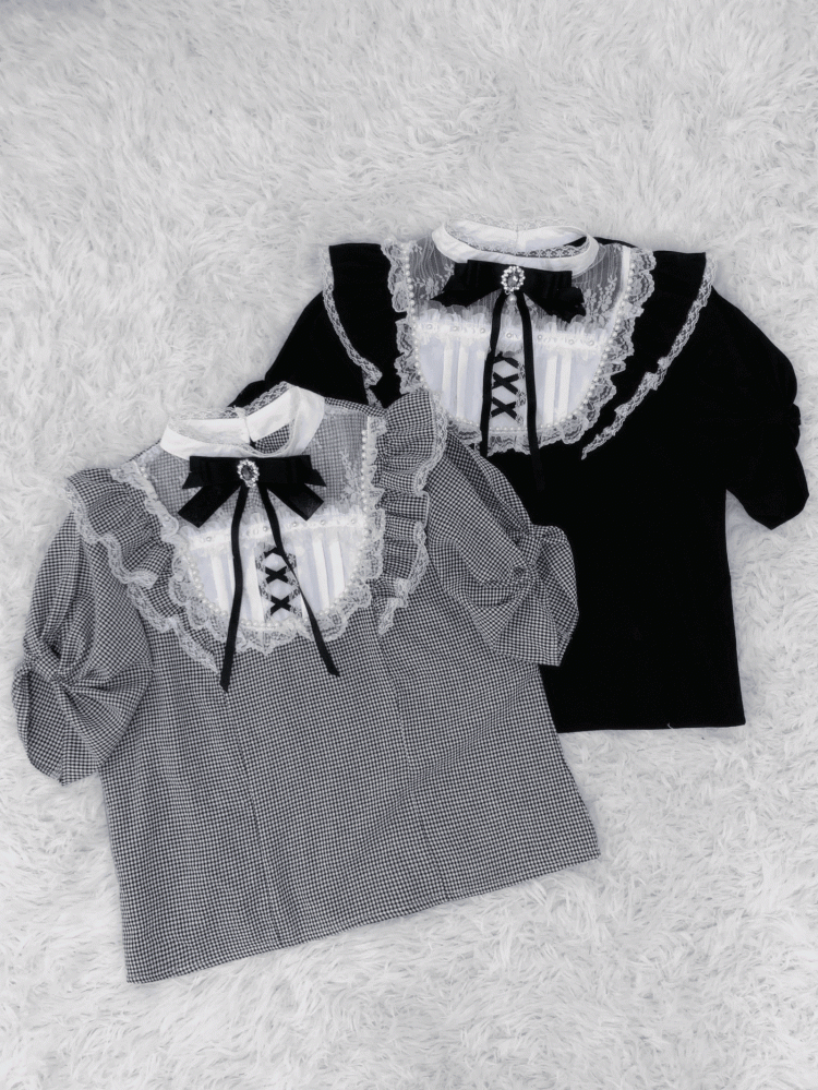 / Spitzenbesatz mit Perlendetails Weiße karierte Bluse Jirai Kei Illusionsausschnitt Schwarz