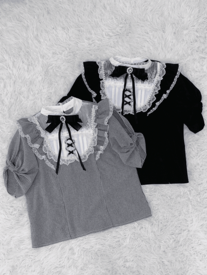 / Lace Trim with Bead Details  White Plaid Blouse Jirai Kei Illusion Neckline Black