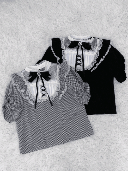 / Lace Trim with Bead Details  White Plaid Blouse Jirai Kei Illusion Neckline Black