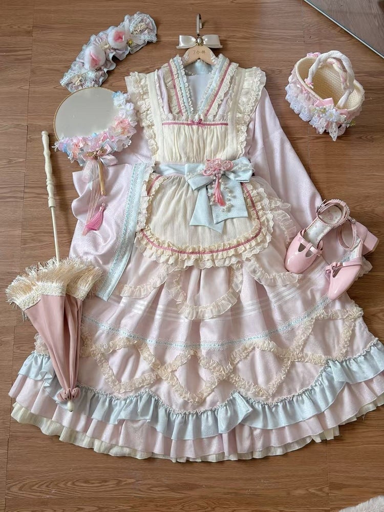 Hanfu-Inspired Lolita Top Set with Long Ruffle Skirt & Apron in Pink Blue - Berry Story Lolita