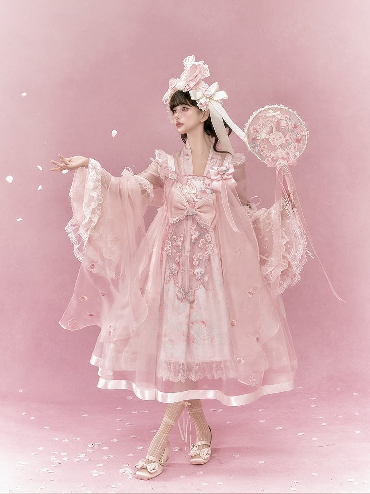 Chinoiserie Frog & Peach Embroidered Hanfu Dress with Overlay & Bows - Yimu Walnut