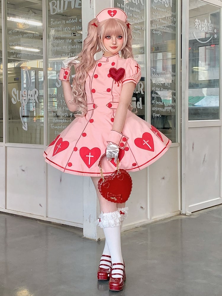 Sleeves Puff Dress Cross Nurse Heart Patches Lolita Pink