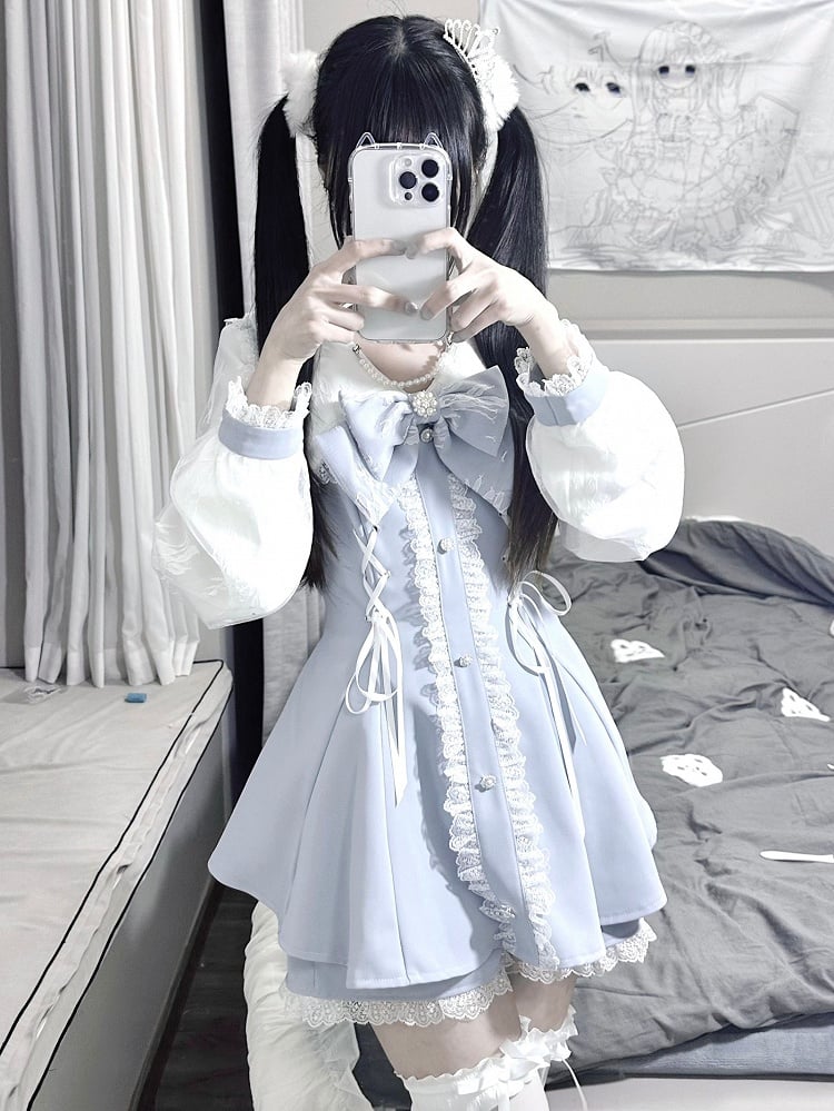 Lace Lace-up Sleeves Trim Light Decorated Details + Long Blue Shorts Kei Top Bowknot Outfit-Beaded Jirai