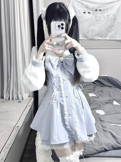 Lace Lace-up Sleeves Trim Light Decorated Details + Long Blue Shorts Kei Top Bowknot Outfit-Beaded Jirai