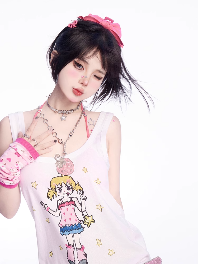 Tank Top Manga Girl Print Weiß Locker