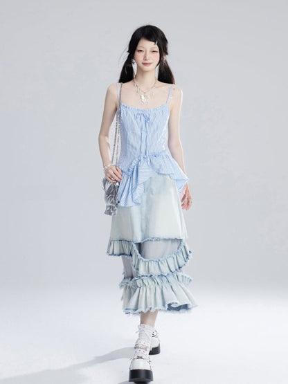 Jeansrock mit Taille, gestufte Rüschen, asymmetrisch, verblasste Waschung, blau, niedrig