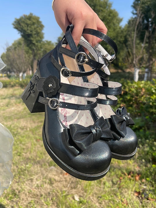 Top Rose with Lolita Accents Shoes Sparkling High-heel Black Elegant Bow