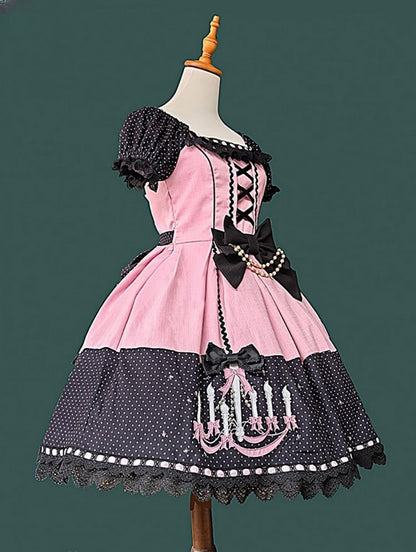 Dot Chandelier Pink Polka with Lolita Dress Print Black and Trim Lace Sweet