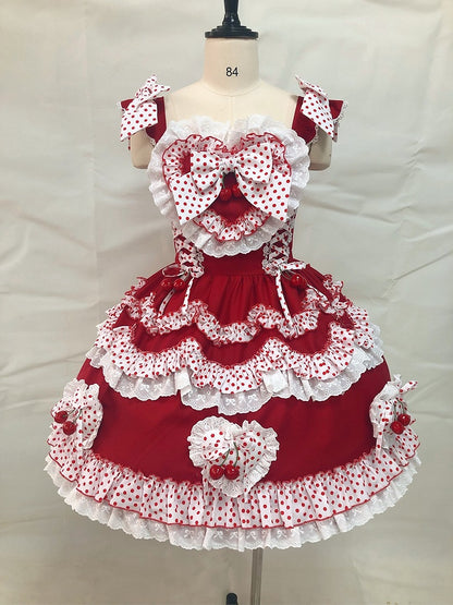 Crimson Cherry Polka-Dot Lace JSK with White Trim - Rosede Cheese