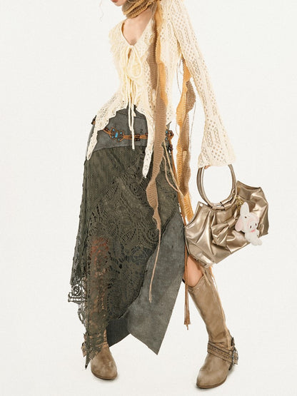 Lace Patchwork Vintage Green Asymmetrical Knit Skirt with Cutout