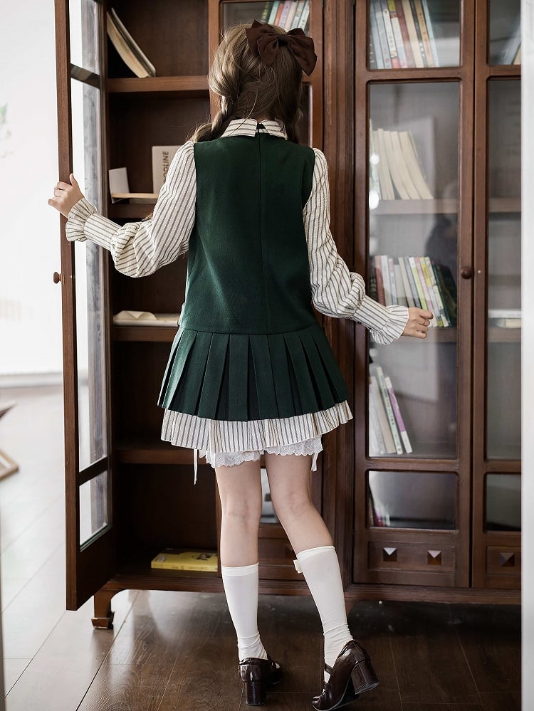 + Two-pieces Fake Box Tie Pleat Lolita Green Preppy Tonal Dress Short Style