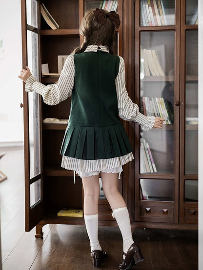+ Two-pieces Fake Box Tie Pleat Lolita Green Preppy Tonal Dress Short Style