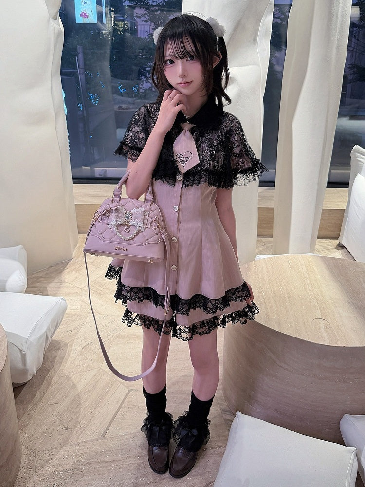 Stripe Dress Set with Lace Cape and Tie - Ekomi