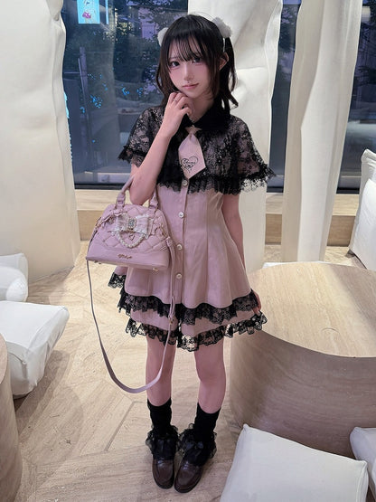 Stripe Dress Set with Lace Cape and Tie - Ekomi