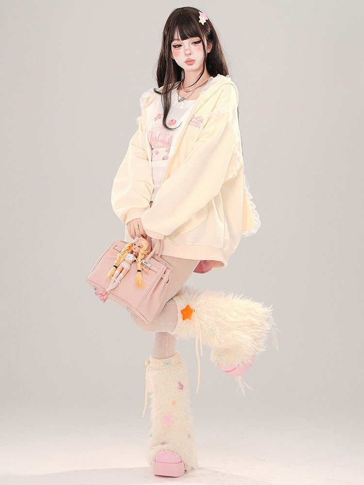 Blau/Apricot – Kapuzenjacke mit Spitzenbesatz und Hasenohren