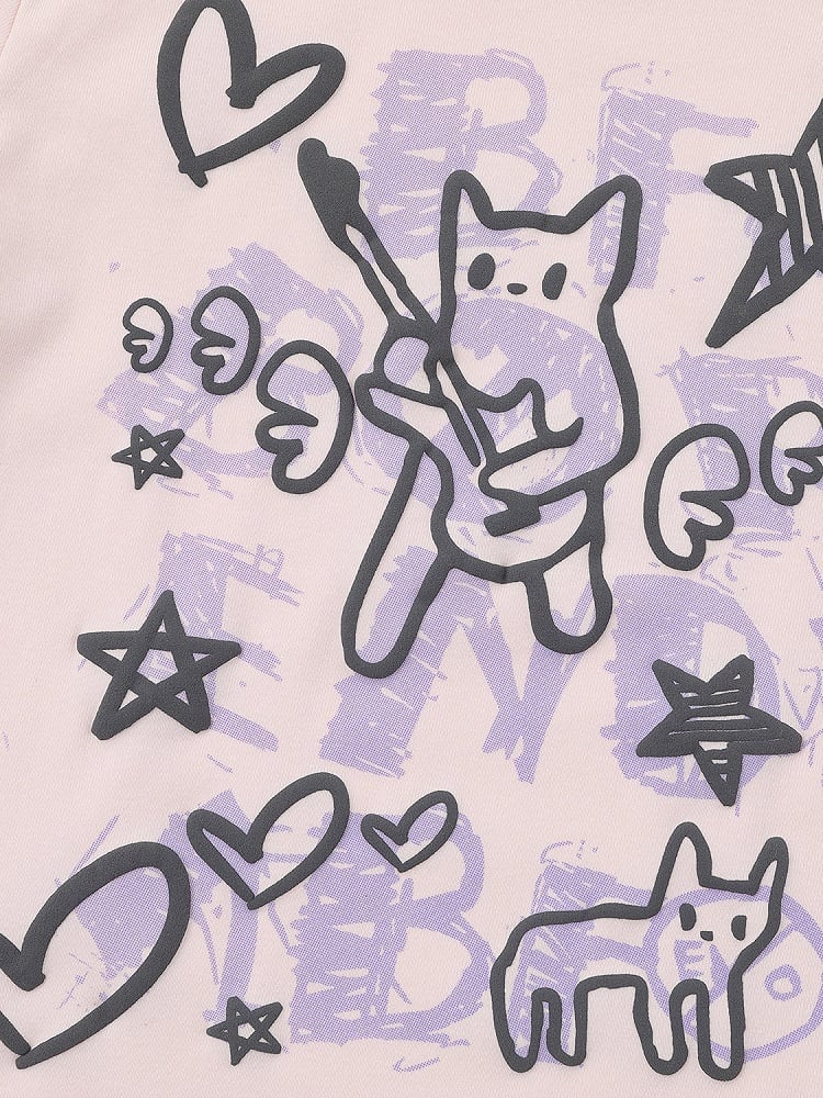 Pink Crew Neck Short Sleeve T-Shirt with Graffiti Prints - Languid Park