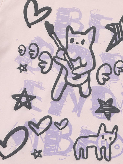 Pink Crew Neck Short Sleeve T-Shirt with Graffiti Prints - Languid Park