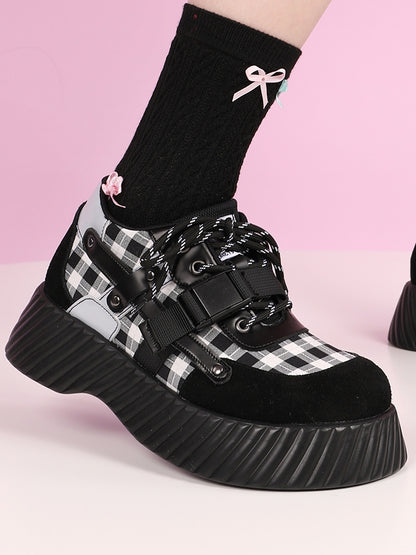 Closure Lace-up with Pattern Punk Platforms Plaid Black