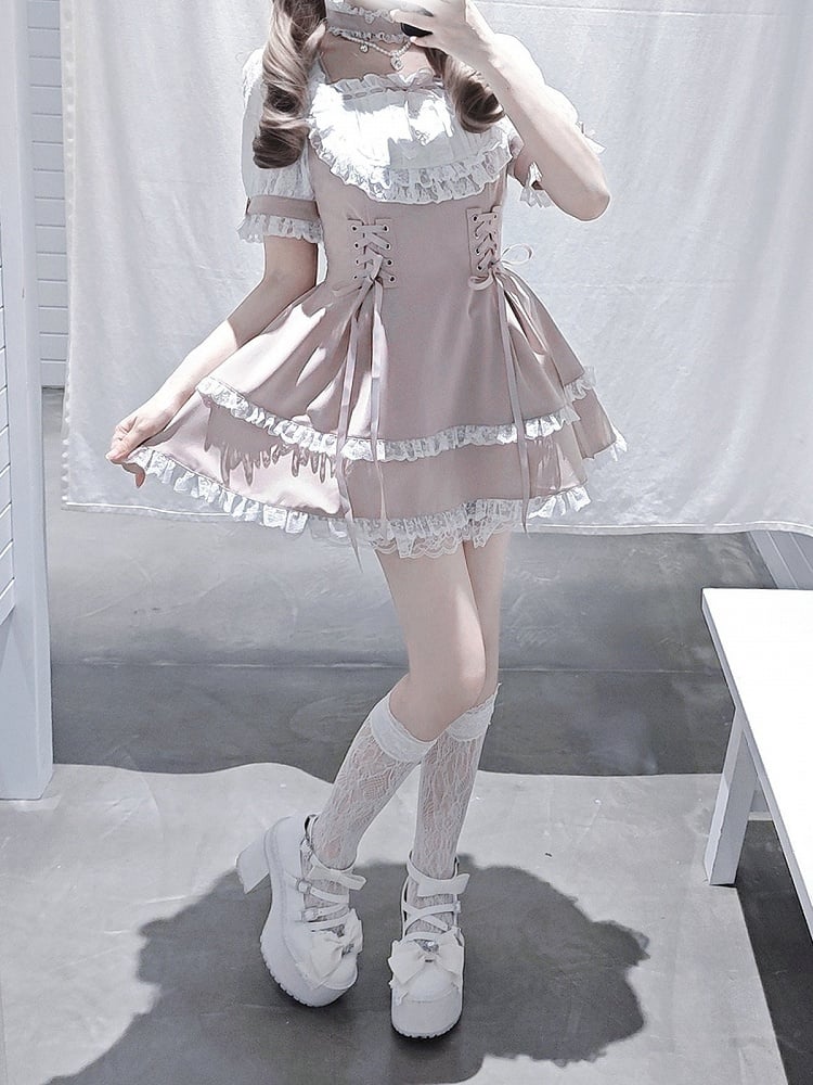 Ryousangata Choker Trim Design White With Sleeve Matching Dress - Bead Fashion Two-Piece Short + Chain Set Shorts Lace Pink