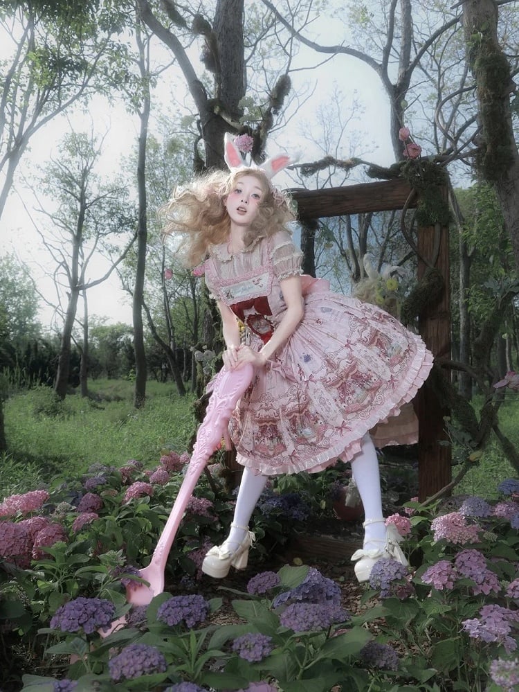 Alice in Wonderland Style Rose Sweet Skirt with Detachable Bow Ribbons - Forest Fairy Tales
