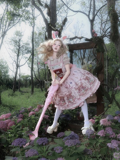 Alice in Wonderland Style Rose Sweet Skirt with Detachable Bow Ribbons - Forest Fairy Tales