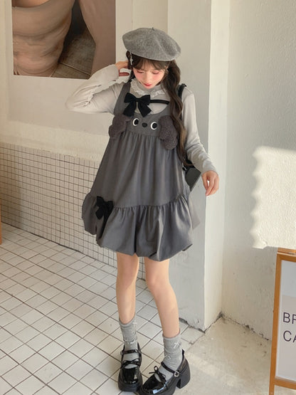 Design Bowknot Dress Bubble Skirt Accents Sleeveless Gray Plush Puppy Ears