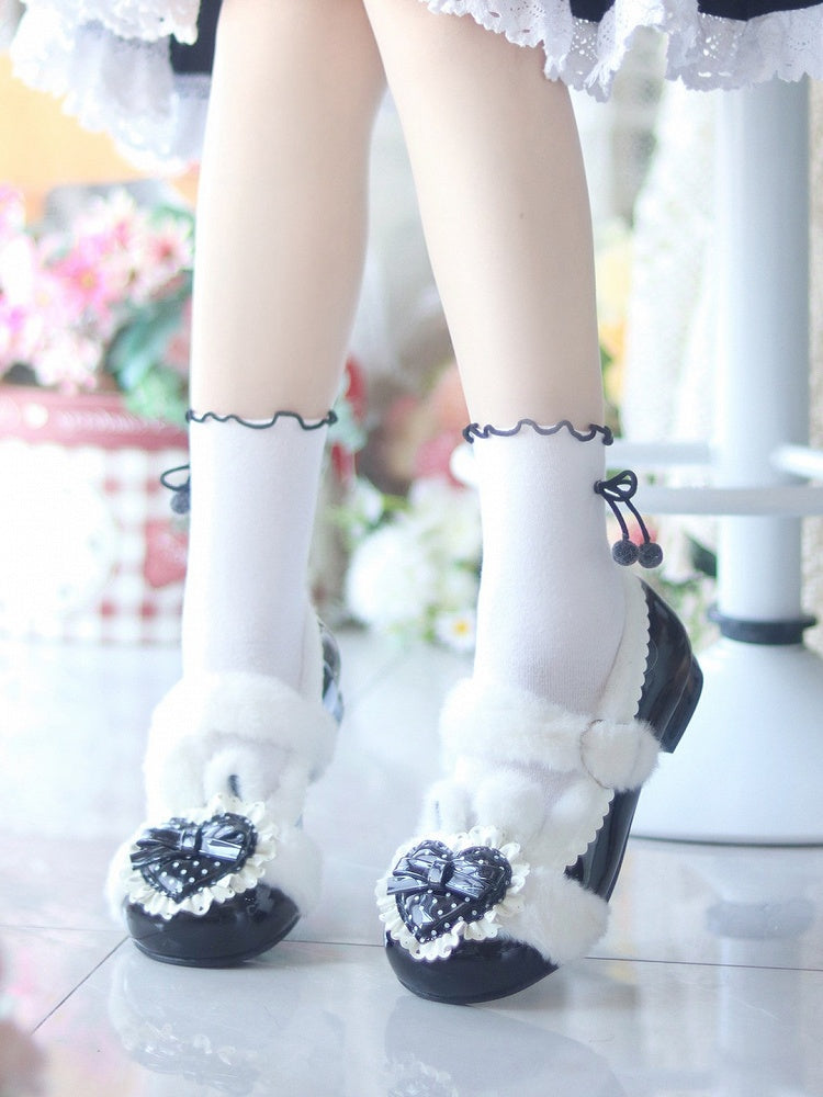 Plush Polka Dot Heart Rabbit Ear Winter Lolita Footwear - Cute Bunny