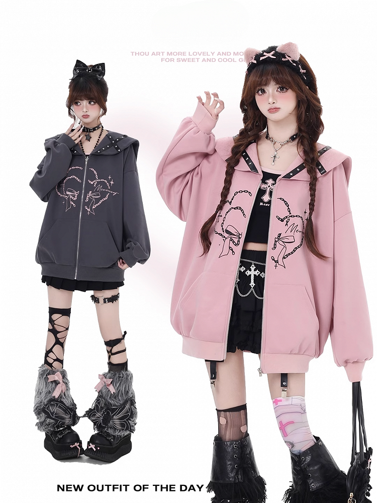 Pink/Gray Sailor Collar Zipper Closure Printed Jacket