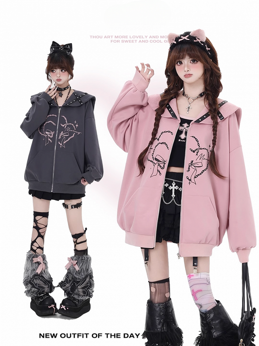 Pink/Gray Sailor Collar Zipper Closure Printed Jacket