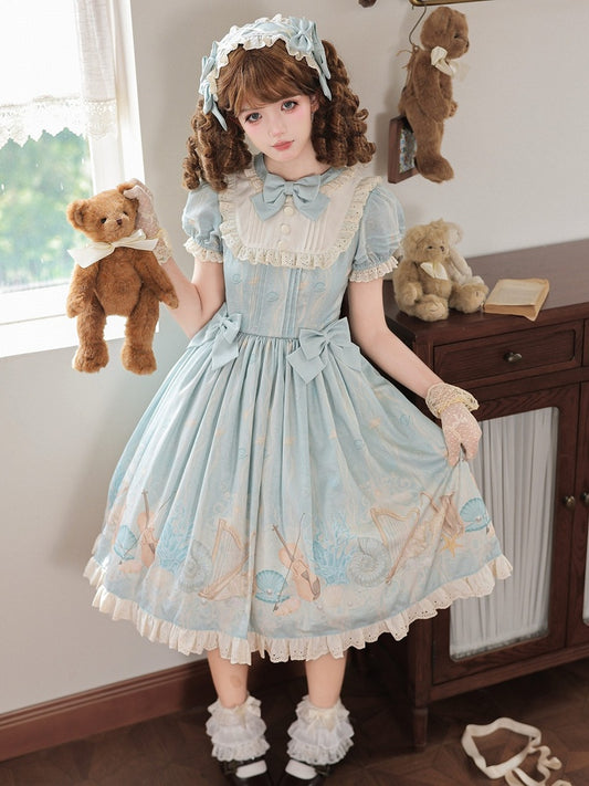 Lolita OP Dress with Blue Sea Concert Floral Print, Puff Sleeves, Bowknots & Ruffle Trim - Cheese Bear